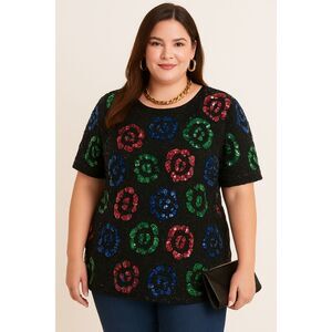 Party Top Size L by Laurence Kazar 100% Silk Sequin Beaded Blouse